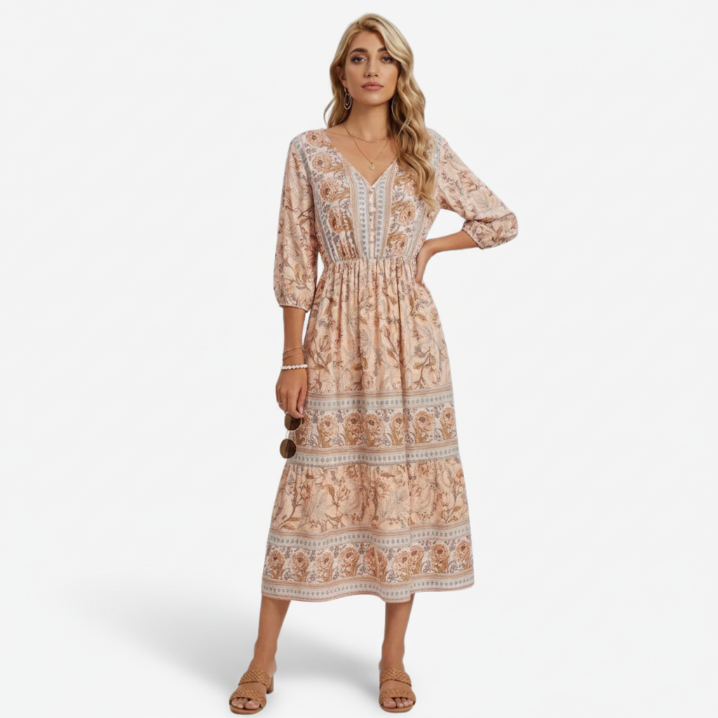 VALERIQUE | Robe Midi à Imprimé Floral pour Femme – Manches 3/4 et Col V