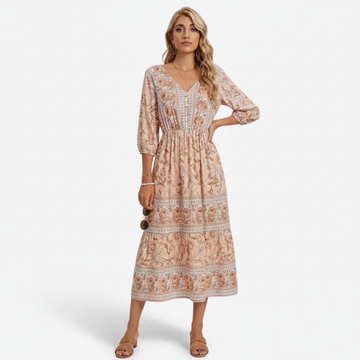VALERIQUE | Robe Midi à Imprimé Floral pour Femme – Manches 3/4 et Col V