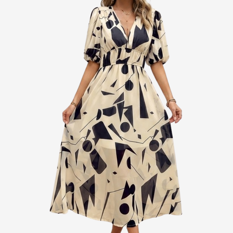 VALERIQUE | Robe Maxi Géométrique pour Femme – Manches Bouffantes
