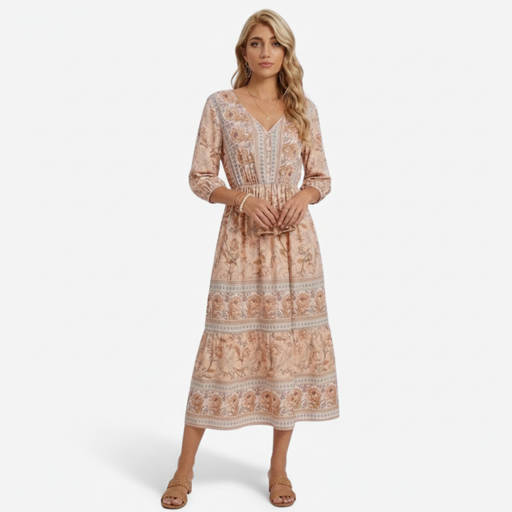 VALERIQUE | Robe Midi à Imprimé Floral pour Femme – Manches 3/4 et Col V