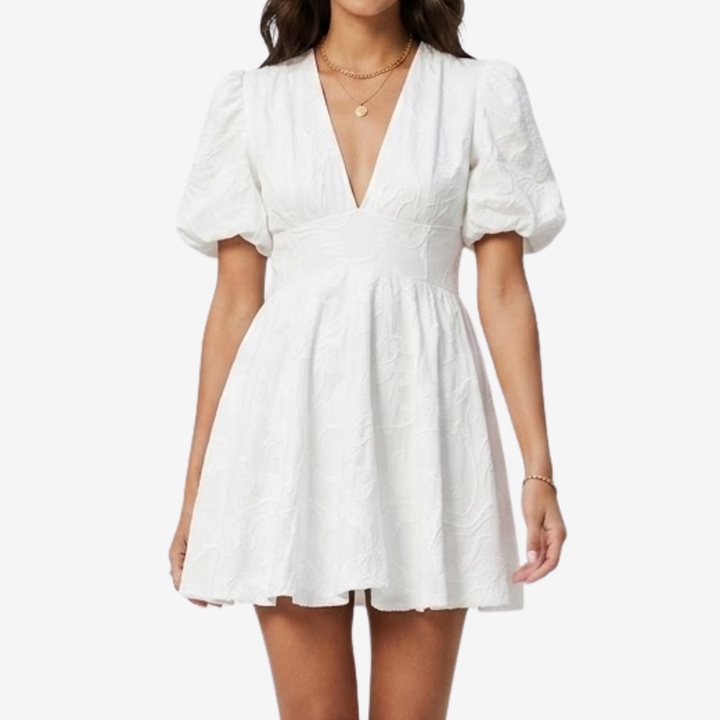 VALERIQUE | Robe Courte pour Femme – Manches Bouffantes et Col V