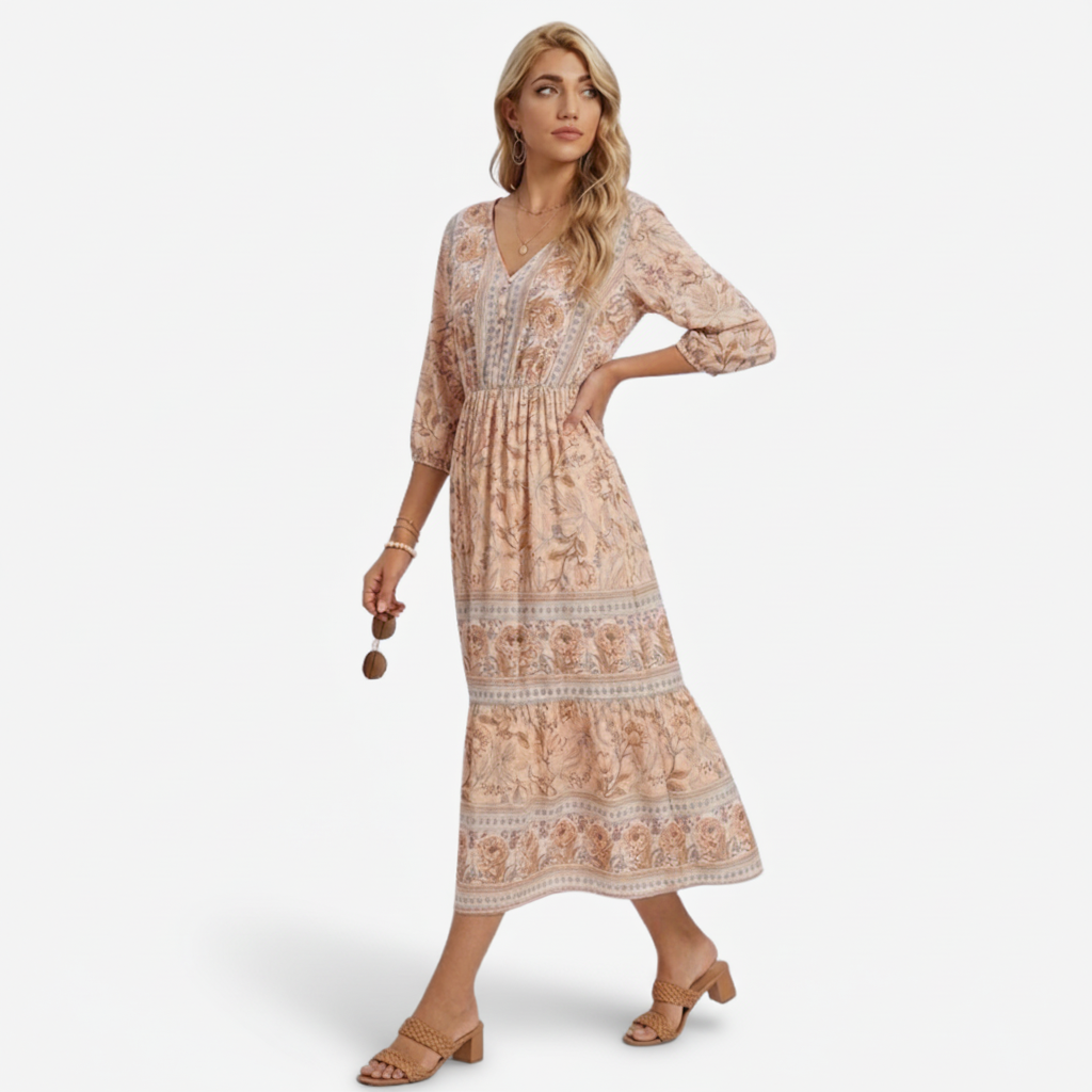 VALERIQUE | Robe Midi à Imprimé Floral pour Femme – Manches 3/4 et Col V