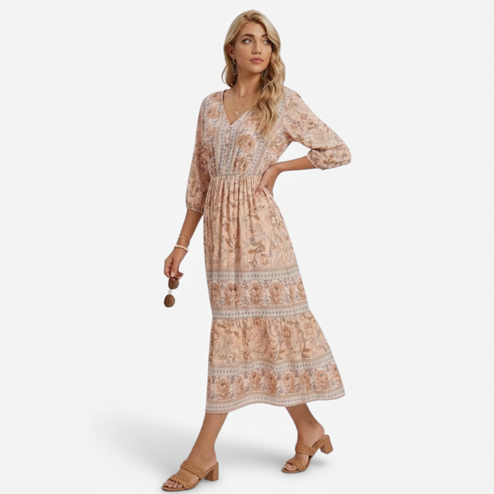 VALERIQUE | Robe Midi à Imprimé Floral pour Femme – Manches 3/4 et Col V