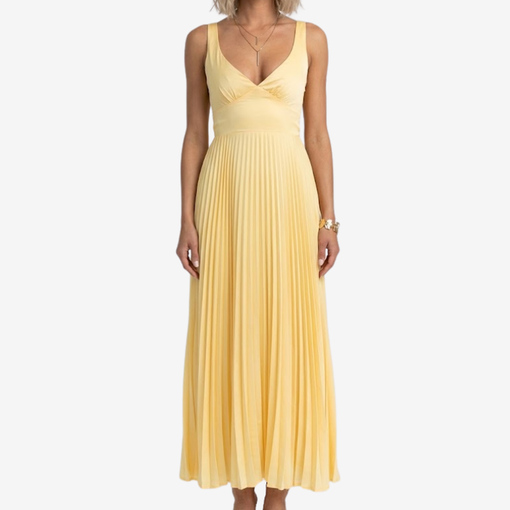 VALERIQUE | Robe Maxi Plissée Jaune pour Femme – Col V et Sans Manches