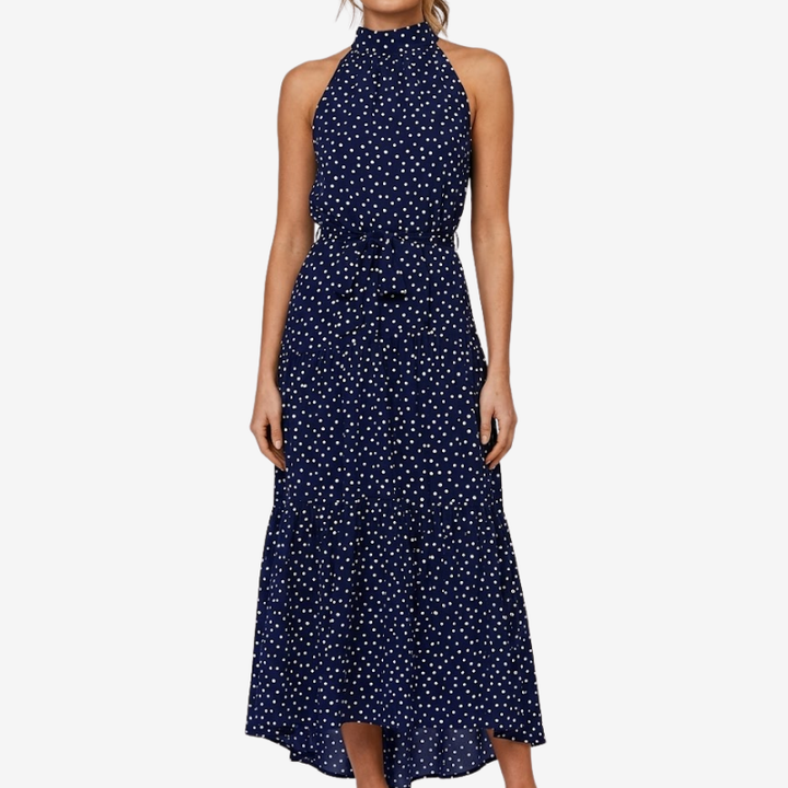 VALERIQUE | Robe Longue à Pois en Coton Léger pour Femme – Col Halter et Taille Nouée