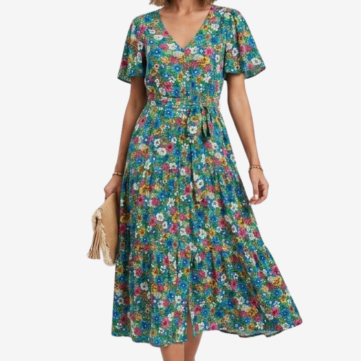VALERIQUE | Robe Midi Fleurie pour Femme – Manches Courtes et Boutonnée