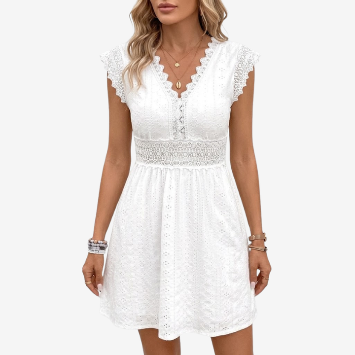 VALERIQUE | Robe Courte Brodée en Coton Léger pour Femme – Col V et Dentelle