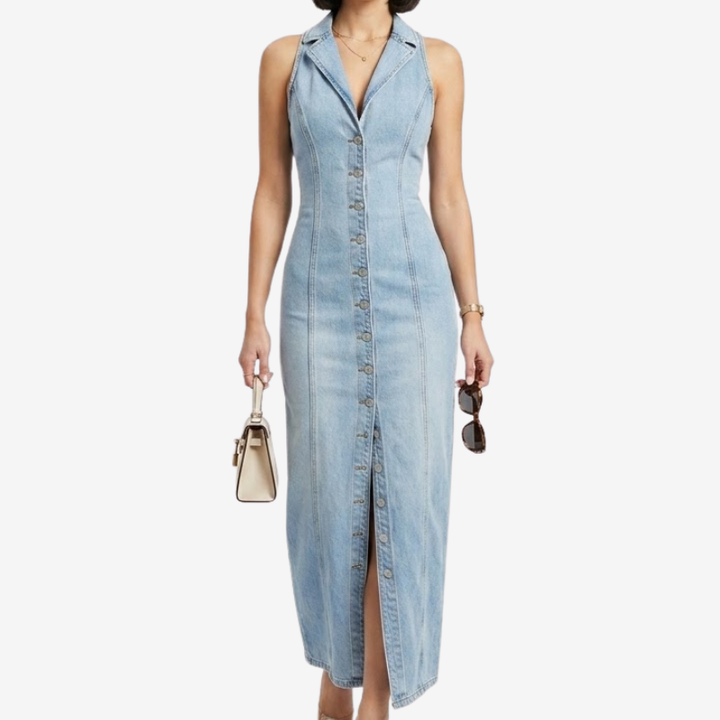 VALERIQUE | Robe Maxi Denim pour Femme – Sans Manches et Boutonnée