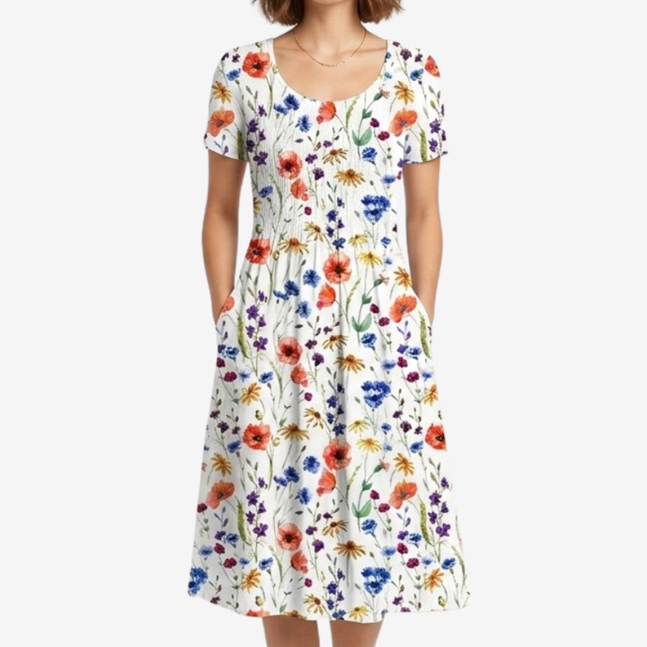 VALERIQUE | Robe Midi Fleurie pour Femme – Manches Courtes