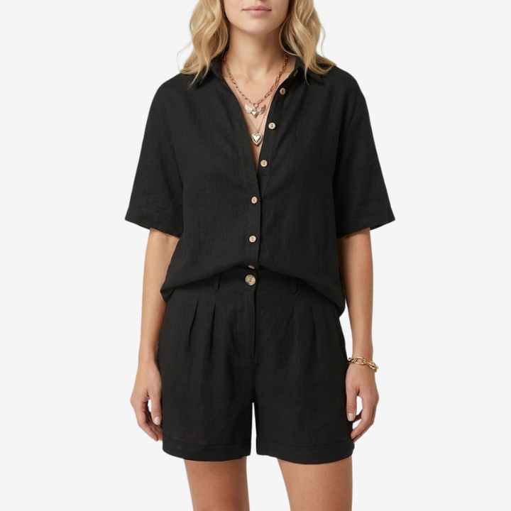 VALERIQUE | Ensemble Deux Pièces en Mélange de Lin pour Femme – Chemise Ample et Short Taille Haute
