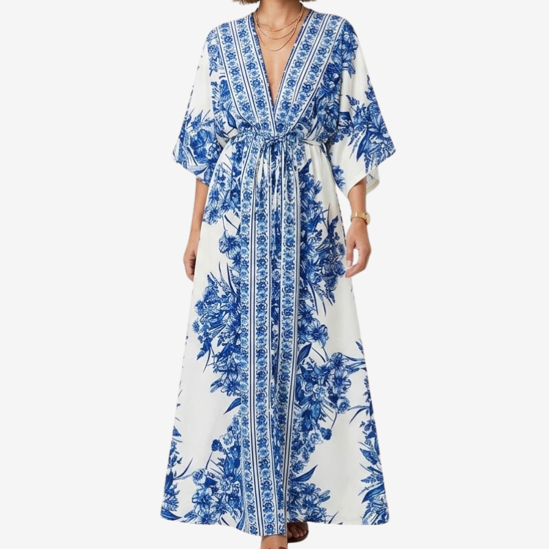 VALERIQUE | Robe Maxi Fleurie Bleue pour Femme – Manches Kimono