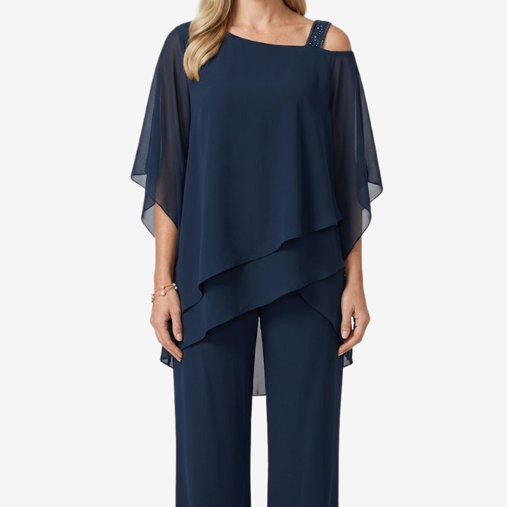 VALERIQUE | Ensemble Deux Pièces en Mousseline pour Femme – Haut Asymétrique et Pantalon Large