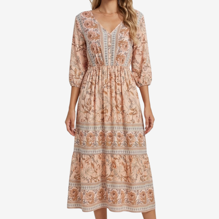 VALERIQUE | Robe Midi à Imprimé Floral pour Femme – Manches 3/4 et Col V