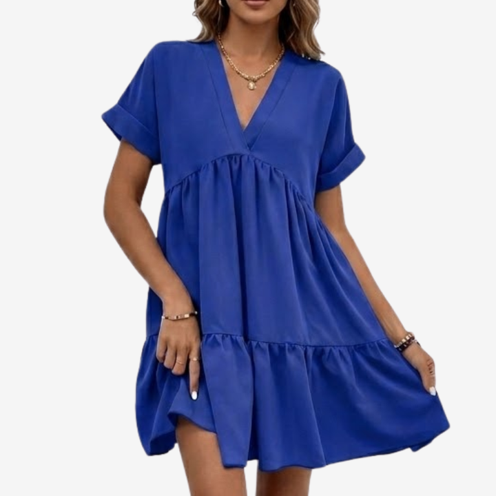 VALERIQUE | Robe Ample Col V pour Femme – Manches Courtes et Froncée