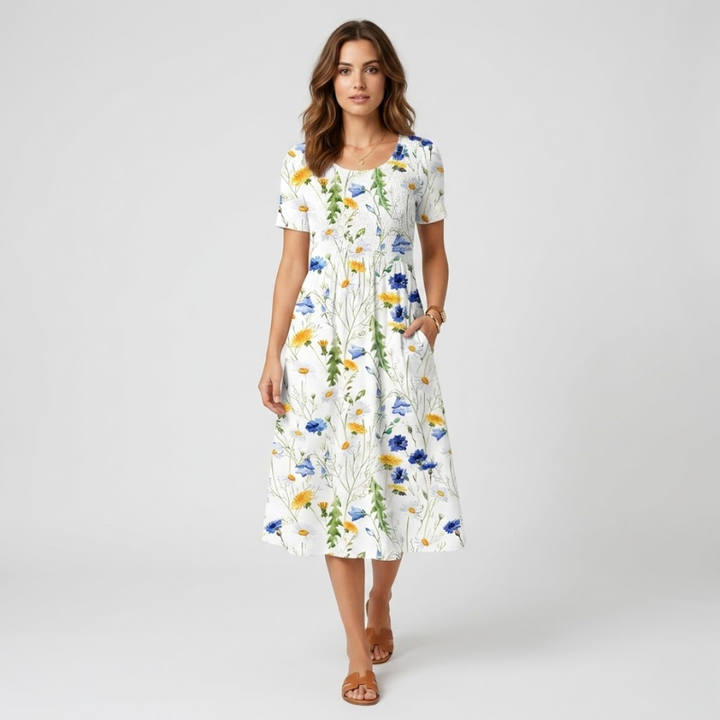VALERIQUE | Robe Midi Fleurie pour Femme – Manches Courtes