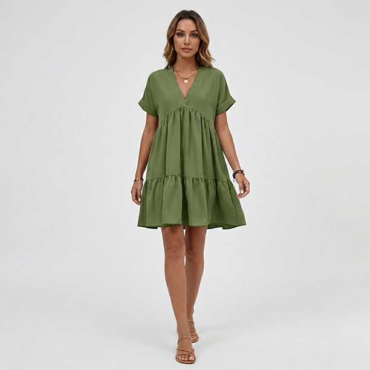 VALERIQUE | Robe Ample Col V pour Femme – Manches Courtes et Froncée