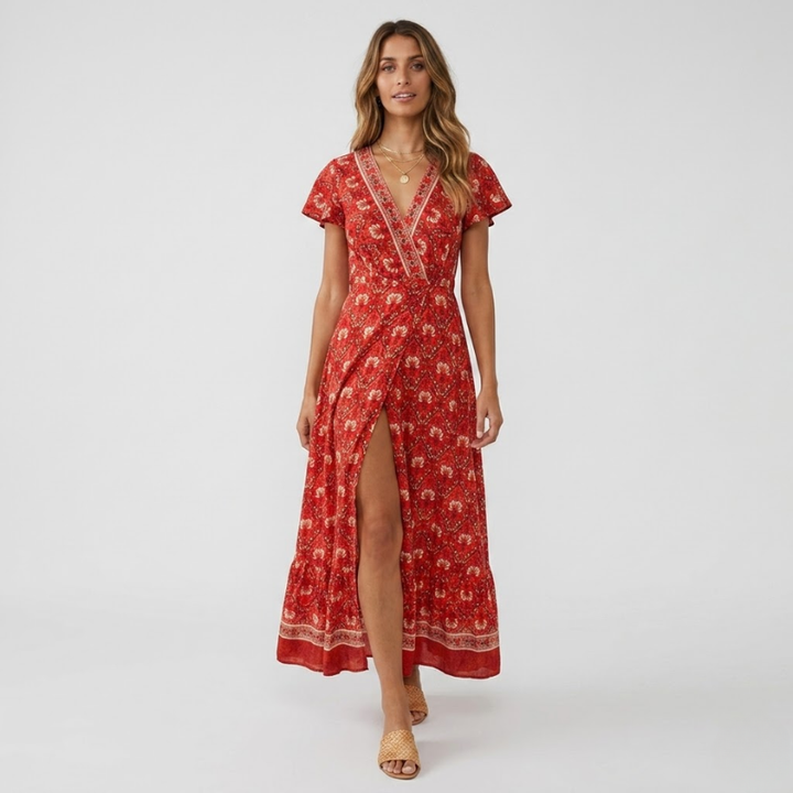 VALERIQUE | Robe Bohème Col V pour Femme – Manches Courtes et Fente
