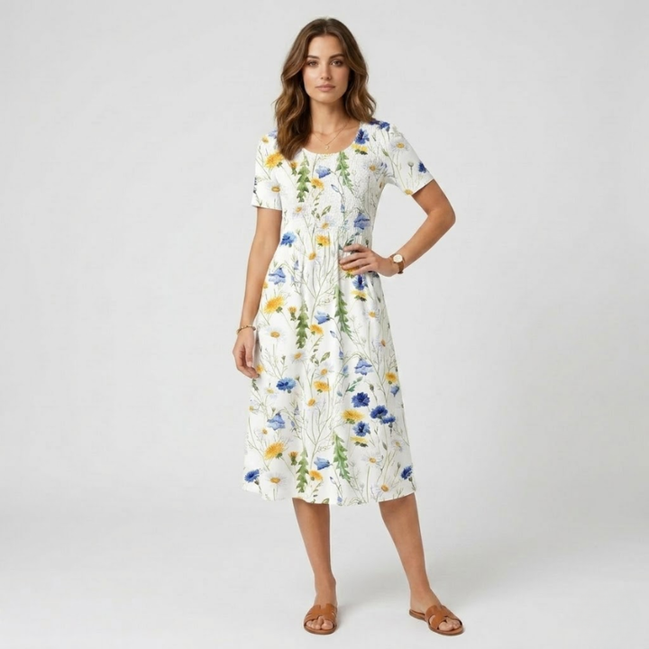 VALERIQUE | Robe Midi Fleurie pour Femme – Manches Courtes