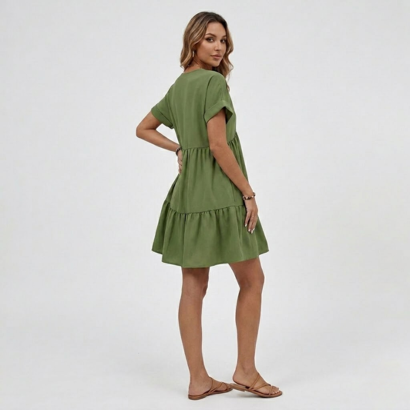 VALERIQUE | Robe Ample Col V pour Femme – Manches Courtes et Froncée