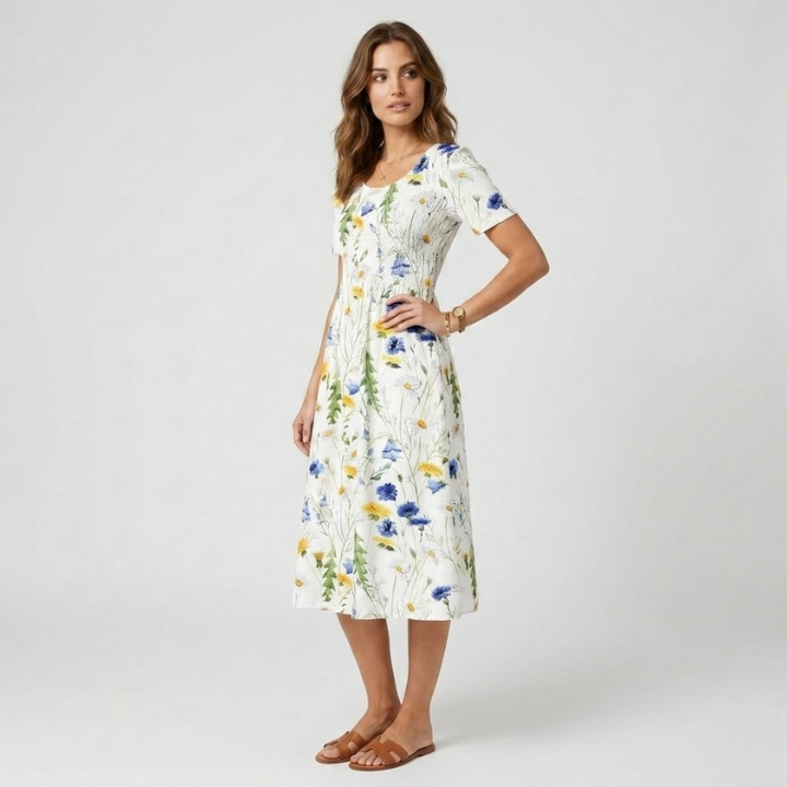 VALERIQUE | Robe Midi Fleurie pour Femme – Manches Courtes