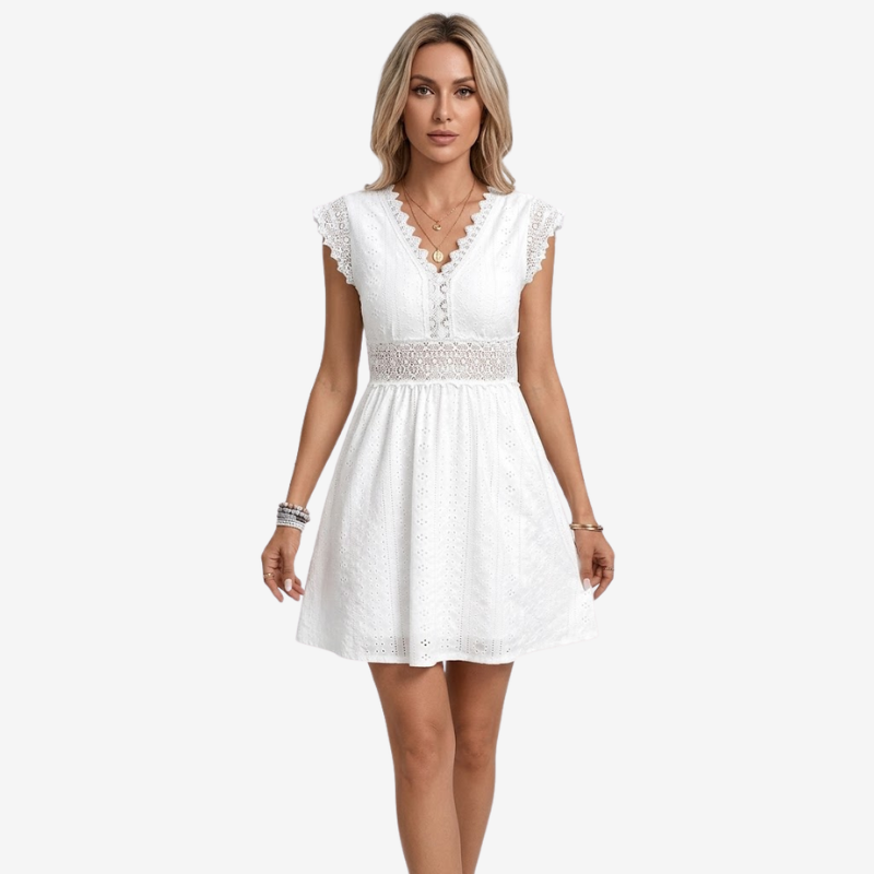 VALERIQUE | Robe Courte Brodée en Coton Léger pour Femme – Col V et Dentelle