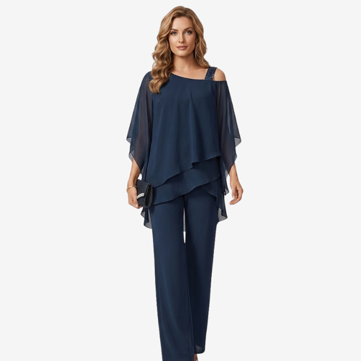 VALERIQUE | Ensemble Deux Pièces en Mousseline pour Femme – Haut Asymétrique et Pantalon Large