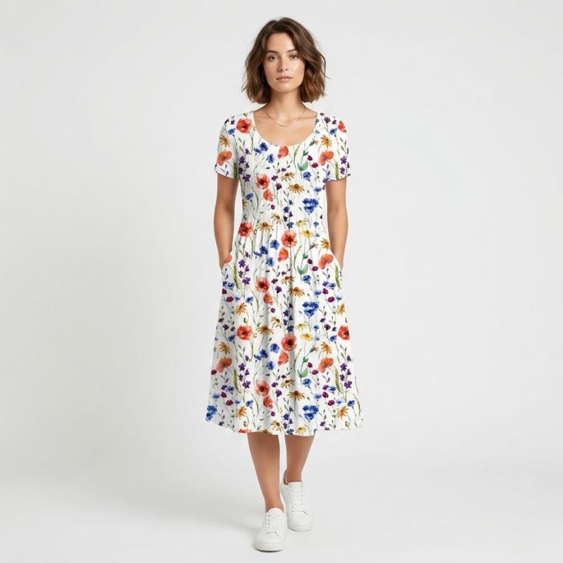VALERIQUE | Robe Midi Fleurie pour Femme – Manches Courtes