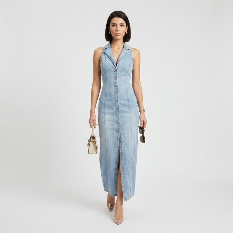 VALERIQUE | Robe Maxi Denim pour Femme – Sans Manches et Boutonnée