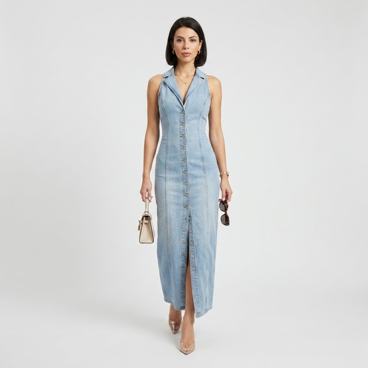 VALERIQUE | Robe Maxi Denim pour Femme – Sans Manches et Boutonnée