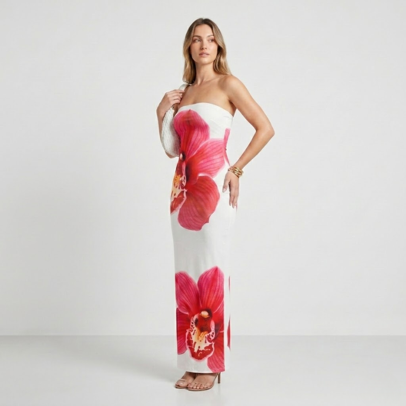VALERIQUE | Robe Maxi Sans Bretelles Fleurie pour Femme – Coupe Ajustée