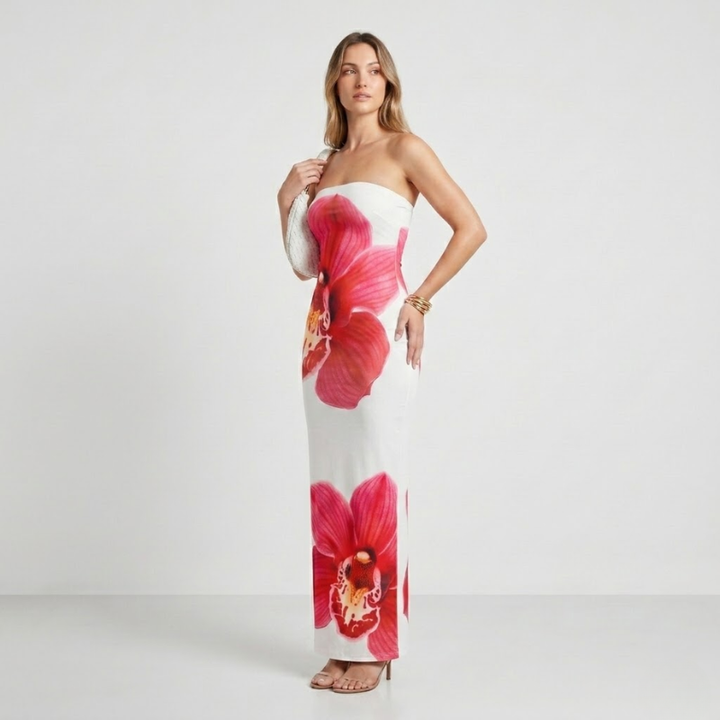 VALERIQUE | Robe Maxi Sans Bretelles Fleurie pour Femme – Coupe Ajustée