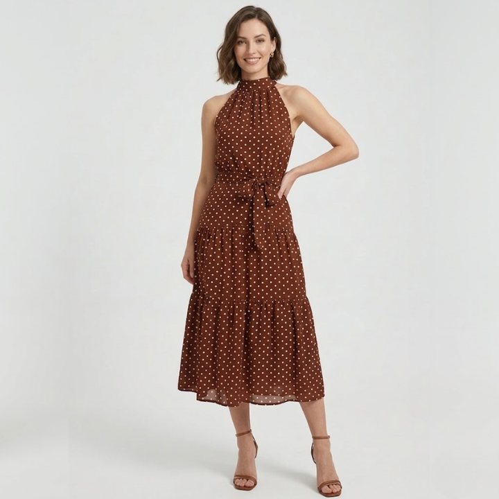 VALERIQUE | Robe Midi à Pois en Coton Léger pour Femme – Col Halter et Taille Ajustable