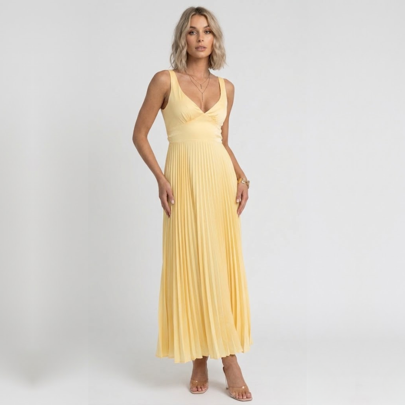 VALERIQUE | Robe Maxi Plissée Jaune pour Femme – Col V et Sans Manches
