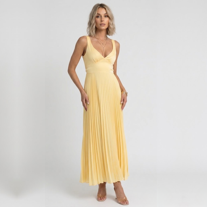 VALERIQUE | Robe Maxi Plissée Jaune pour Femme – Col V et Sans Manches