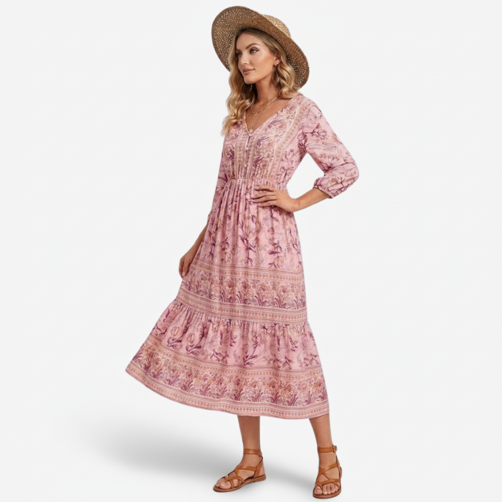 VALERIQUE | Robe Midi à Imprimé Floral pour Femme – Manches 3/4 et Col V