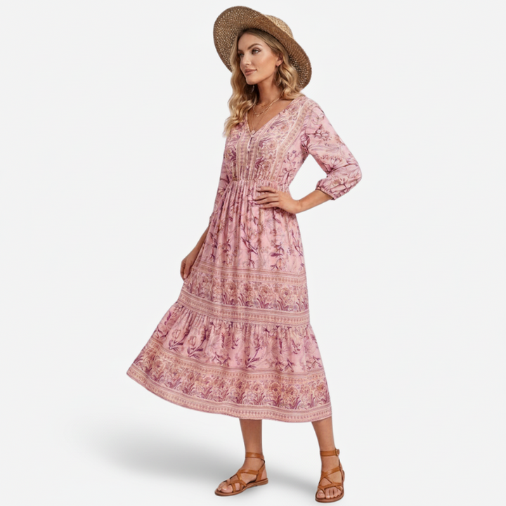 VALERIQUE | Robe Midi à Imprimé Floral pour Femme – Manches 3/4 et Col V