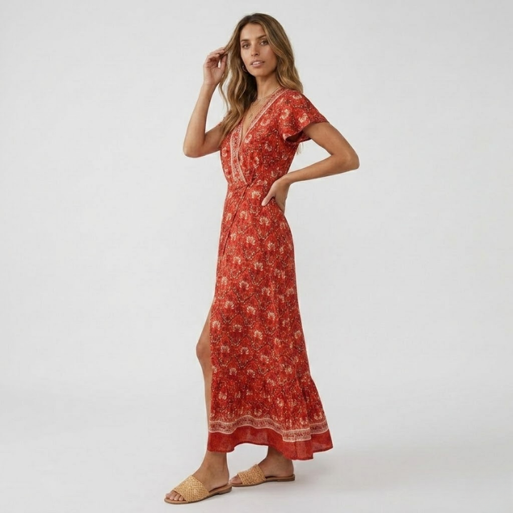 VALERIQUE | Robe Bohème Col V pour Femme – Manches Courtes et Fente