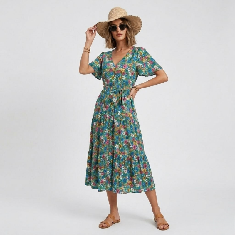 VALERIQUE | Robe Midi Fleurie pour Femme – Manches Courtes et Boutonnée