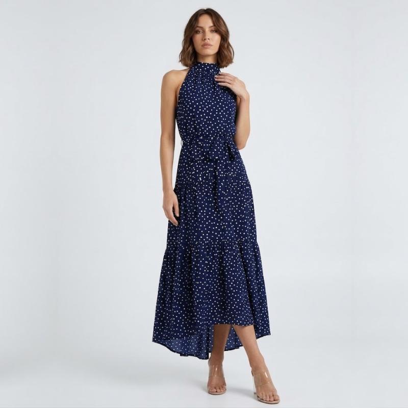 VALERIQUE | Robe Longue à Pois en Coton Léger pour Femme – Col Halter et Taille Nouée