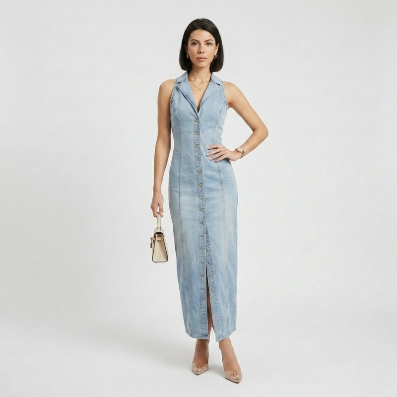 VALERIQUE | Robe Maxi Denim pour Femme – Sans Manches et Boutonnée