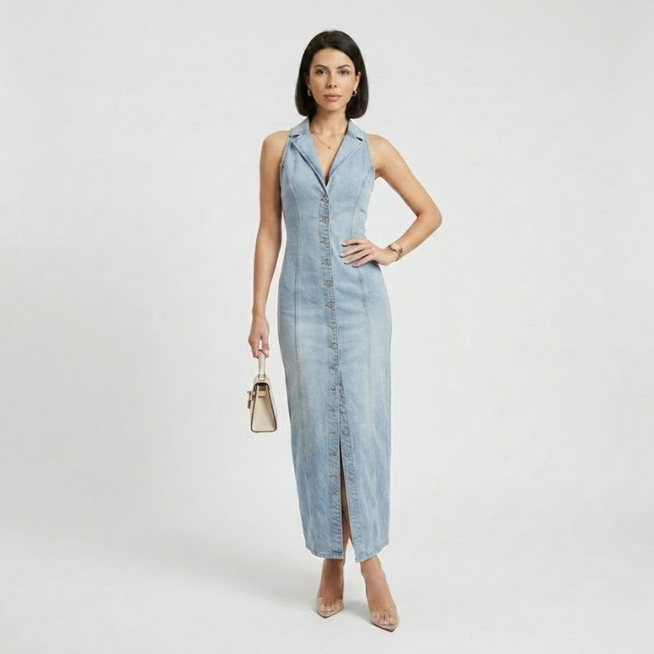 VALERIQUE | Robe Maxi Denim pour Femme – Sans Manches et Boutonnée