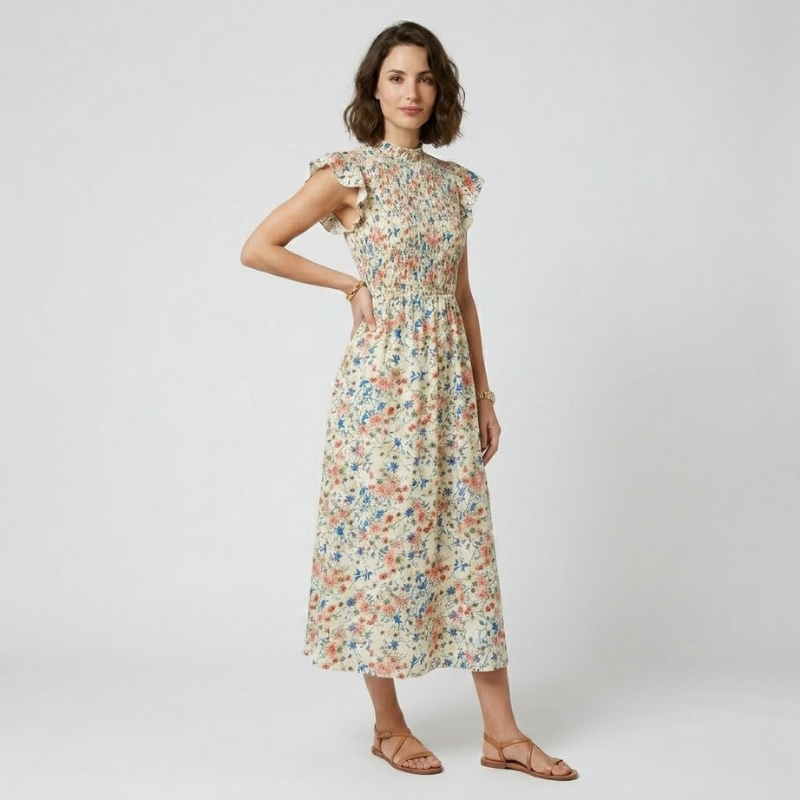 VALERIQUE | Robe Midi Fleurie pour Femme – Taille Smockée