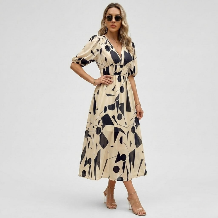 VALERIQUE | Robe Maxi Géométrique pour Femme – Manches Bouffantes