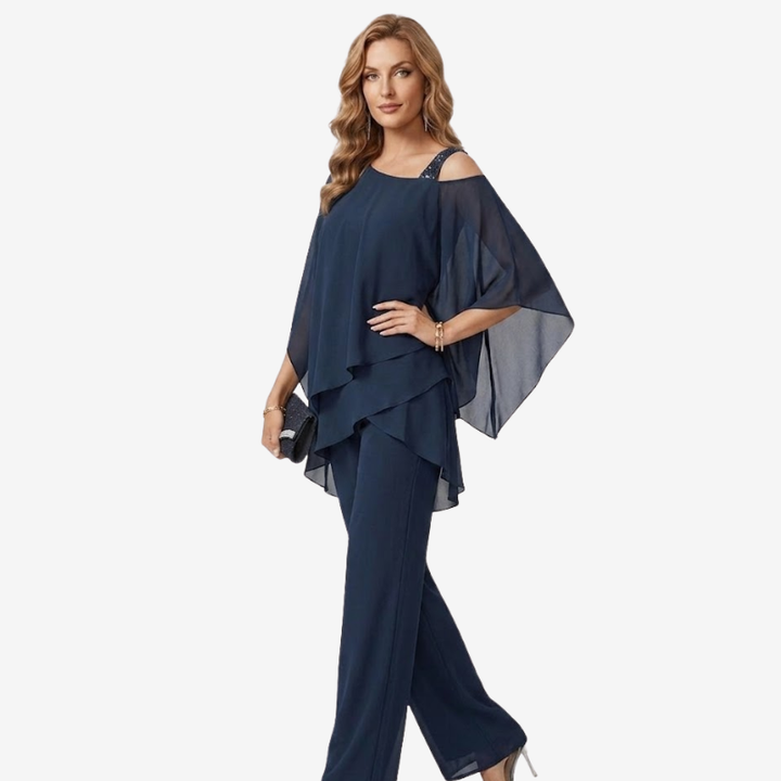 VALERIQUE | Ensemble Deux Pièces en Mousseline pour Femme – Haut Asymétrique et Pantalon Large