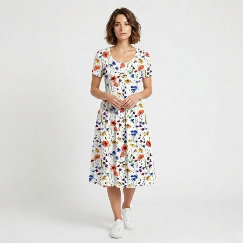 VALERIQUE | Robe Midi Fleurie pour Femme – Manches Courtes