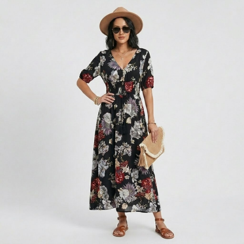 VALERIQUE | Robe Maxi Fleurie pour Femme – Col V