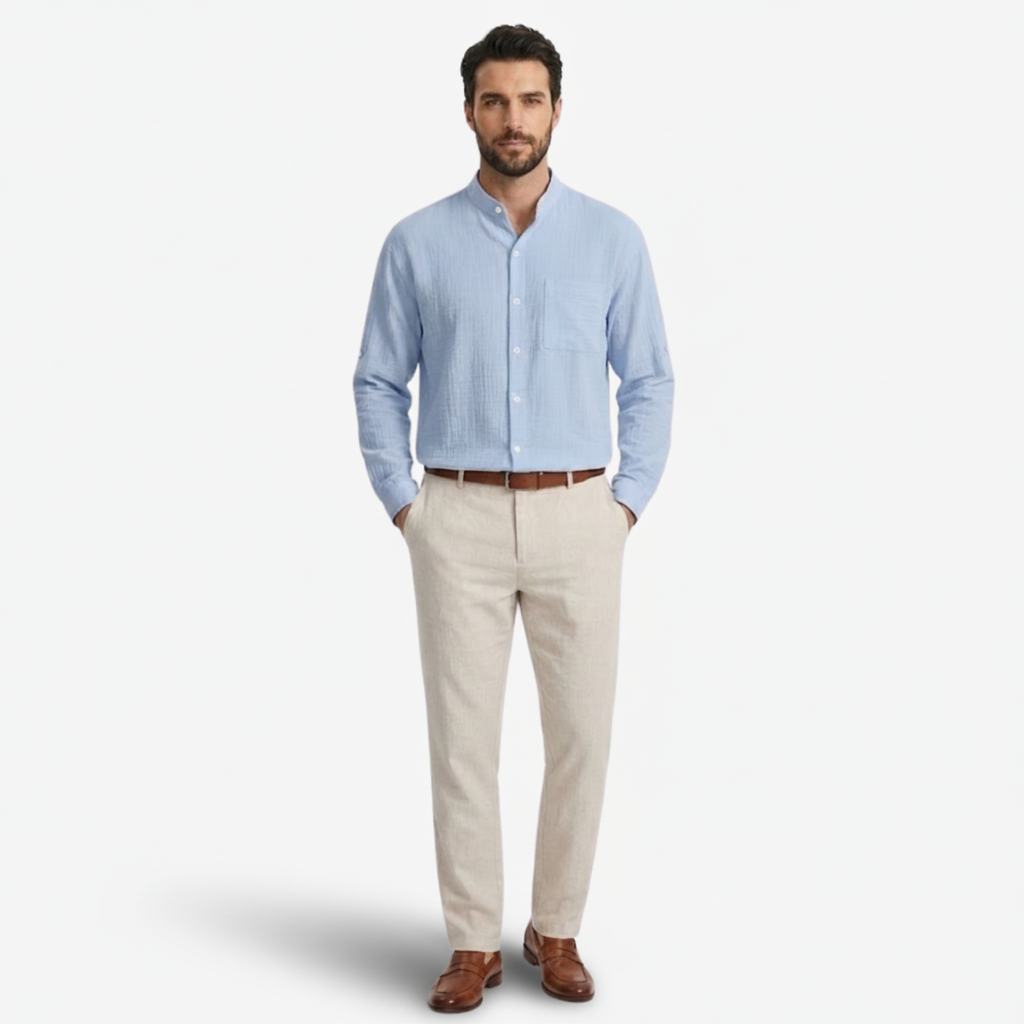 VALERIQUE | Chemise en Lin pour Homme – Manches Longues et Col Officier Coupe Classique