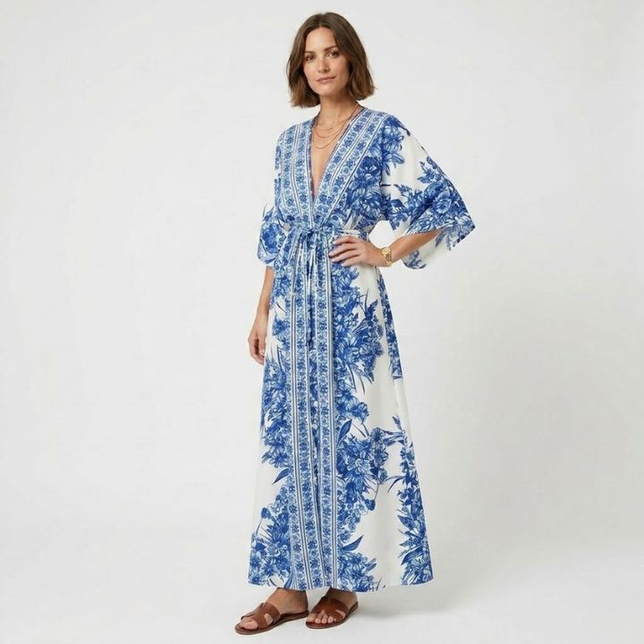 VALERIQUE | Robe Maxi Fleurie Bleue pour Femme – Manches Kimono