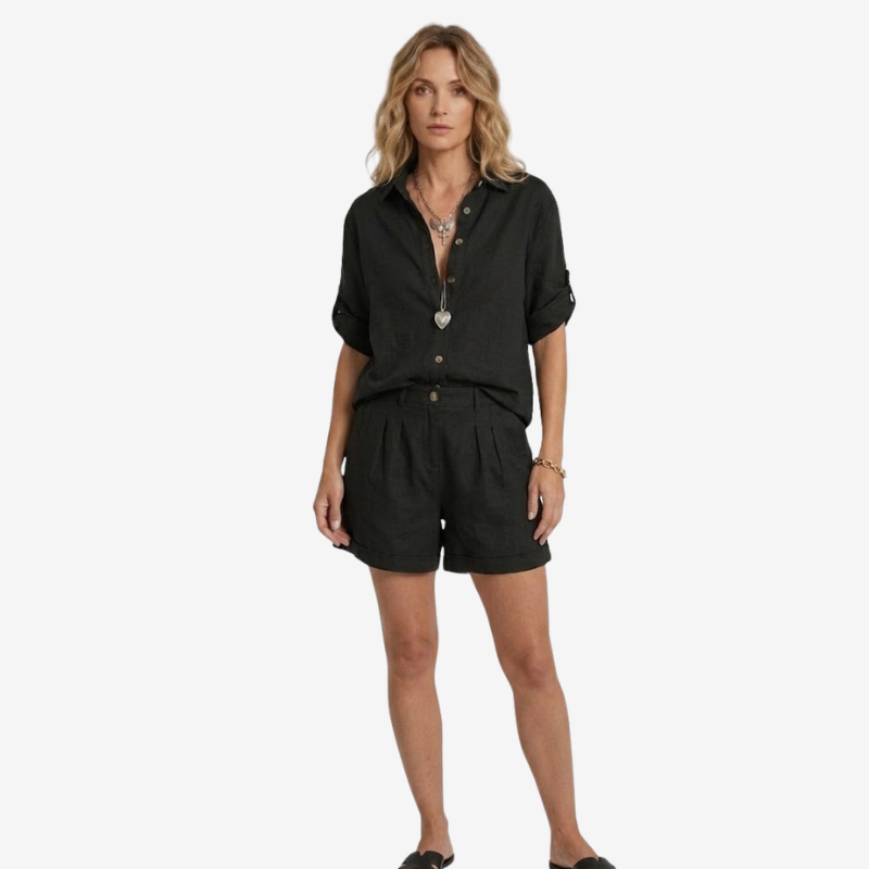 VALERIQUE | Ensemble Deux Pièces en Mélange de Lin pour Femme – Chemise Ample et Short Taille Haute