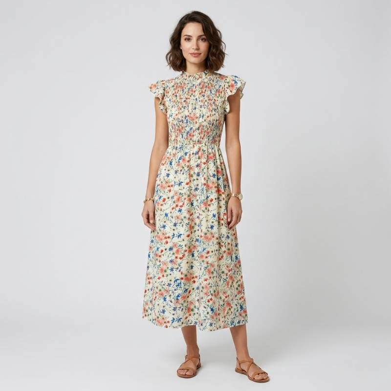 VALERIQUE | Robe Midi Fleurie pour Femme – Taille Smockée
